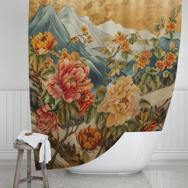 Peony Mountain Majesty Shower Curtain • Floral Alpine Bath Decor • Luxurious Bathroom Art • Elegant Waterproof Curtain • #SHP1755