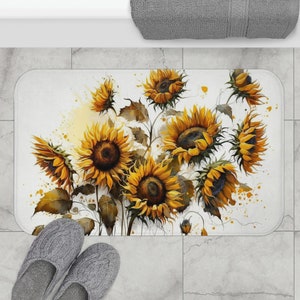 Sunflower Bath Mat | Floral Sunflower Microfiber Memory Foam Bath Rug - White