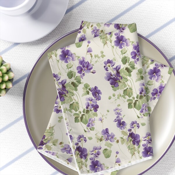 Whimsical Summer Violets Napkins, Set of 4, Floral Farmhouse Table Linens, Purple and White, 19" x 19" - Perfect Gift for Her