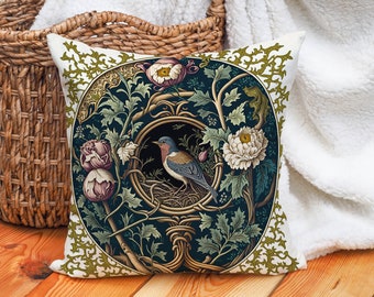 Bird Nest Pillow, Forest William Morris Inspired Pillow, Green Botanical Decor, Cottagecore Forestcore Farmhouse, INSERT INCLUDED