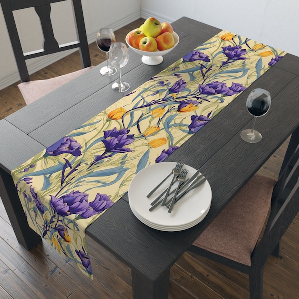 Violet Tulip Table Runner, Pale Yellow Floral Decor, Summer Dining Accent, Unique Gift for Her, Purple and Yellow, 72" or 90"