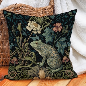 Frog in a Forest Pillow William Morris-Inspired Cottagecore Design Animal Lover Gift 14x14, 16x16, 18x18, 20x20, Pillow Case Only image 1