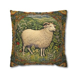William Morris Sheep Pillow, Green Floral Cushion, Farmhouse Decor, Animal Lover Gift, Cottagecore Decor, Case Only