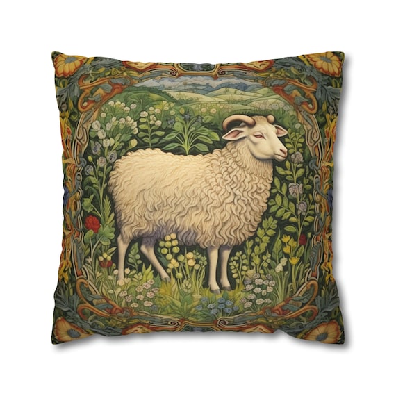 William Morris Sheep Pillow Green Floral Cushion Farmhouse Decor Animal Lover Gift Cottagecore Decor Case Only Etsy