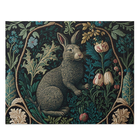 William Morris Inspired Rabbit in a Forest Jigsaw Puzzle