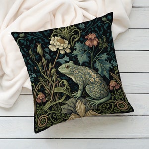 Frog in a Forest Pillow William Morris-Inspired Cottagecore Design Animal Lover Gift 14x14, 16x16, 18x18, 20x20, Pillow Case Only image 4