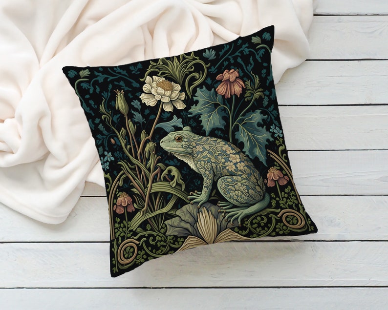 Frog in a Forest Pillow William Morris-Inspired Cottagecore Design Animal Lover Gift 14x14, 16x16, 18x18, 20x20, Pillow Case Only image 4