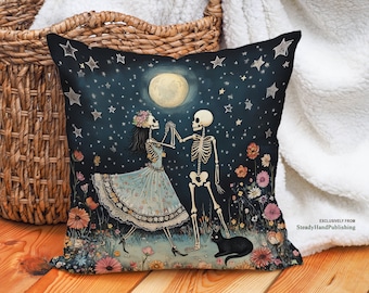 Whimsical Skeleton Moonlight Dance Pillow, Gothic Bohemian Decor, Floral, Day of the Dead Halloween Gift, Insert Included, #SHP2082