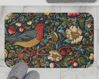 WM Strawberry Thief Bath Mat - William Morris Inspired Cottagecore Decor • Farmhouse Bathroom Accessory • Floral Pattern • Non-Slip Design
