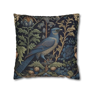 Blue-jay in Forest Pillow William Morris Floral Design, Blue Fairytale Pillow, Cottagecore and Forestcore Décor, Bird Lover Gift, Case Only