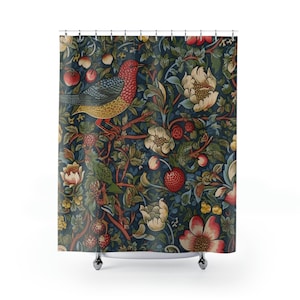 WM Strawberry Thief Shower Curtain - William Morris Inspired Cottagecore Decor • Farmhouse Bathroom Accessory • Floral Pattern • 71in x 74in