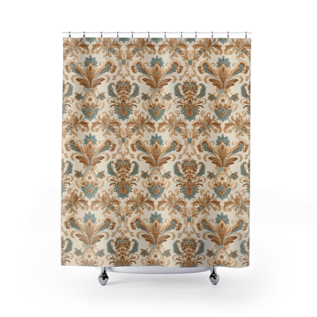 French Damask Shower Curtain Gold Beige Embroiderystyle Print Tub