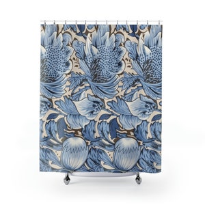Enchanting Blue & White Floral Shower Curtain - William Morris Inspired • Arts and Crafts Movement Design • 71in x 74in