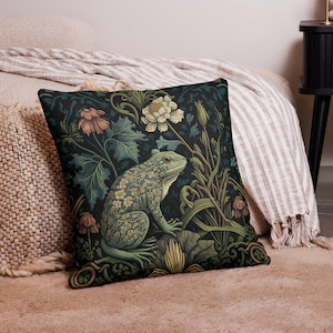 Frosch im Wald Kissen | William Morris inspiriertes Cottagecore Design | Nur Kissenbezug