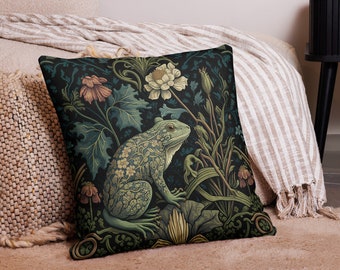 Almohada de rana en un bosque / Diseño Cottagecore inspirado en William Morris / Solo funda de almohada