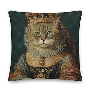 Cat Lovers Regal Elizabethan Cat Pillow with Ruff and Tiara Pillow Cushion: Belgium Jacquard Woven Tapestry of Elegance | Insert Included