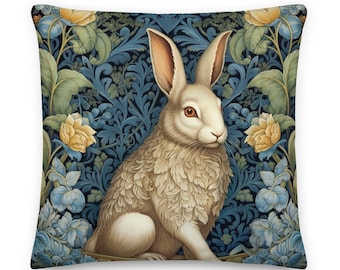 William Morris Inspired Rabbit amidst Floral Blossoms Pillow | Cottagecore, Floralcore, Easter Bunny Botanical Design | INSERT INCLUDED