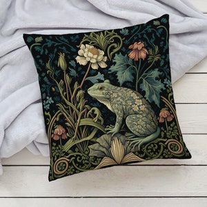 Frog in a Forest Pillow William Morris-Inspired Cottagecore Design Animal Lover Gift 14x14, 16x16, 18x18, 20x20, Pillow Case Only zdjęcie 5