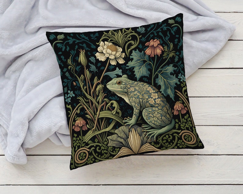 Frog in a Forest Pillow William Morris-Inspired Cottagecore Design Animal Lover Gift 14x14, 16x16, 18x18, 20x20, Pillow Case Only image 5