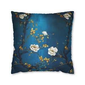 Asian-Inspired Blue Pillow, Stunning Blue with White Flowers and Golden Leaves, Elegant Living Room Cushion, Unique Gift for Her, Case Only