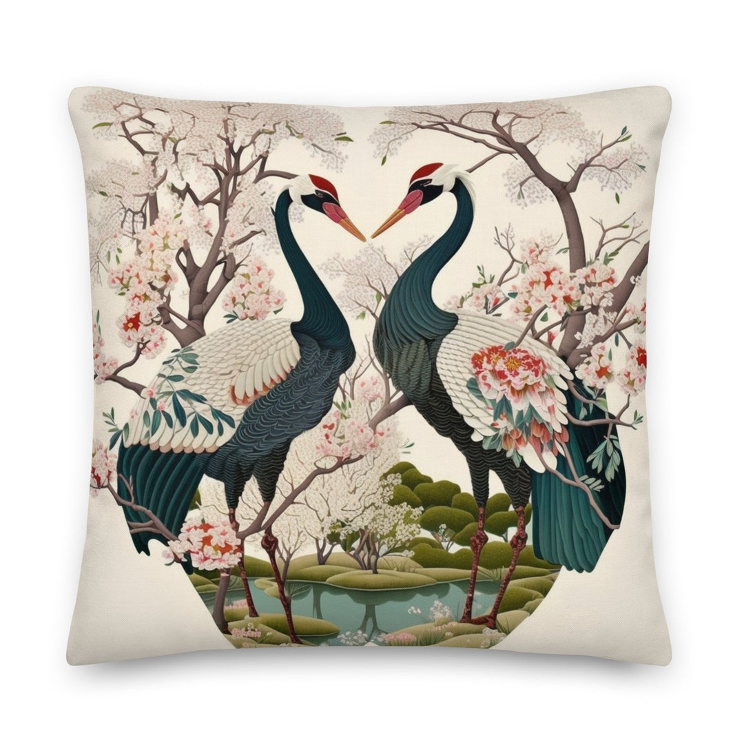 Cherry Blossom Chinoiserie Pillow Cranes in Love Romantic Pillow