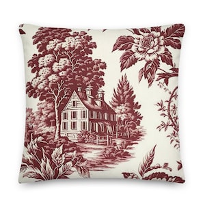 French Toile Throw Pillow | Burgundy Red and White Country French Cottage Design, Living Room Pillow, French Toile Cushion, Includes Insert