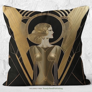 May include: Black decorative pillow with a gold Art Deco design. The pillow features a woman's profile in a gold and black color scheme. The design includes geometric shapes and lines, with the text "EXCLUSIVELY FROM SteadyHandPublishing" at the bottom.