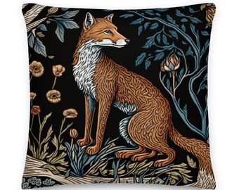 Fox Pillow | Black Forest Fox Pillow William Morris Pillow | Cottagecore, Forestcore, Forest Fox Floral Botanical Pillow | INSERT INCLUDED