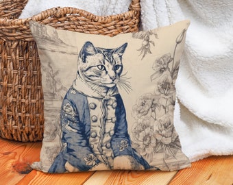 Charmant Chat Toile Cushion | Vintage Feline Elegance | Blue & Cream Cat Lover Gift | 14x14, 16x16, 18x18, 20x20, Case Only