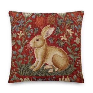 William Morris Bunny in a Forest Pillow - Rabbit Decorative Pillow | Cottagecore, Forestcore, Vintage Pillow, Morris Decor | INSERT INCLUDED