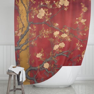 Crimson Blossom Harmony Shower Curtain • Oriental Floral Bath Decor • Elegant Red Bathroom Accent • Waterproof Art Curtain • #SHP1750