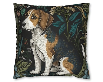 Beagle Puppy Decorative Pillow Case | White Forestcore Pattern Print | Square Cushion Cover, Spun Polyester (Insert Not Included)