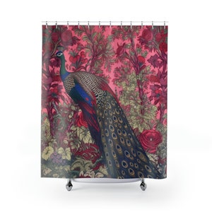 WM Peacock Shower Curtain - William Morris Inspired Floral Decor • Farmhouse Bathroom • Floral Shower Curtain • 71in x 74in