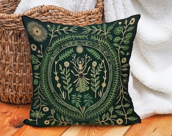 Botanical Folk Art Pillow Olmec-Inspired Green Design, Delicate Flora Celebration, Forestcore Aesthetics, Ideal Gift, Case Only