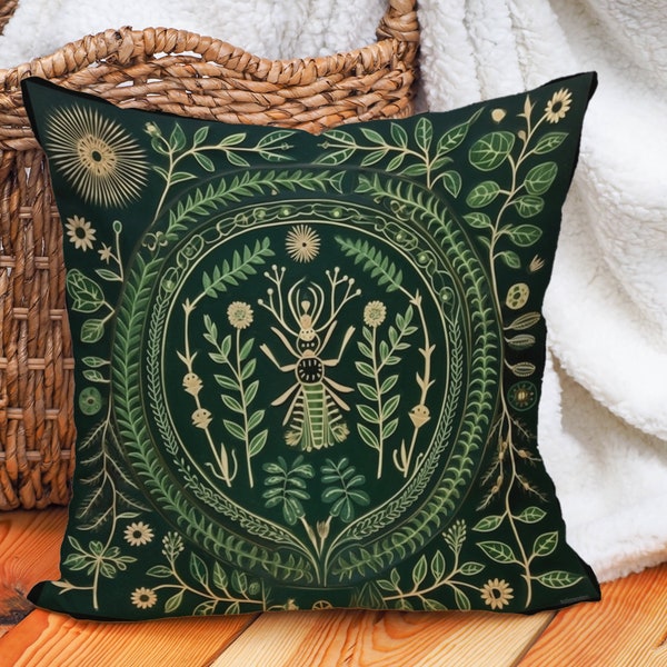 Botanical Folk Art Pillow Olmec-Inspired Green Design, Delicate Flora Celebration, Forestcore Aesthetics, Ideal Gift, Case Only