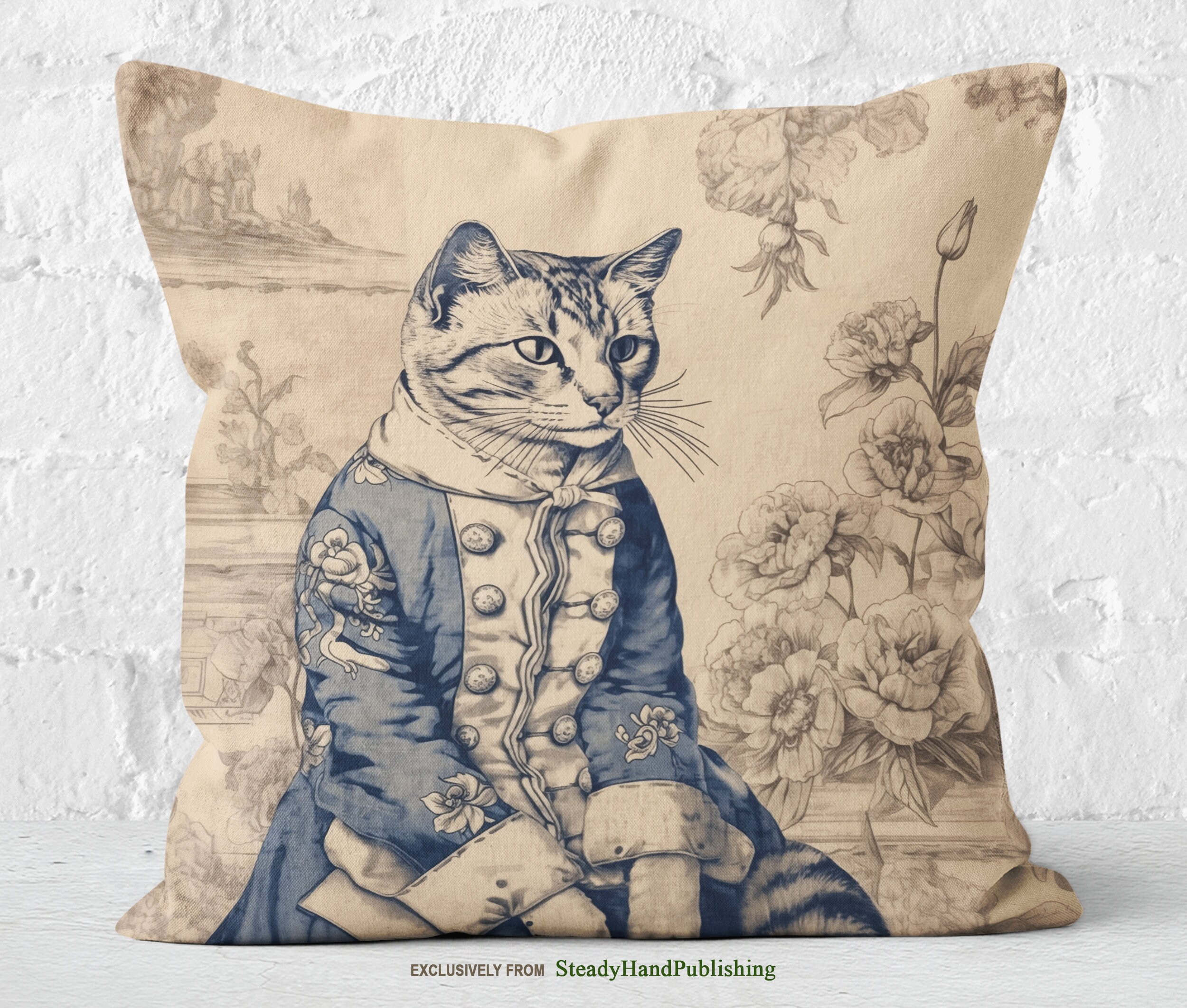 Charmant Chat French Blue Cat Pillow | Charming Cat Toile