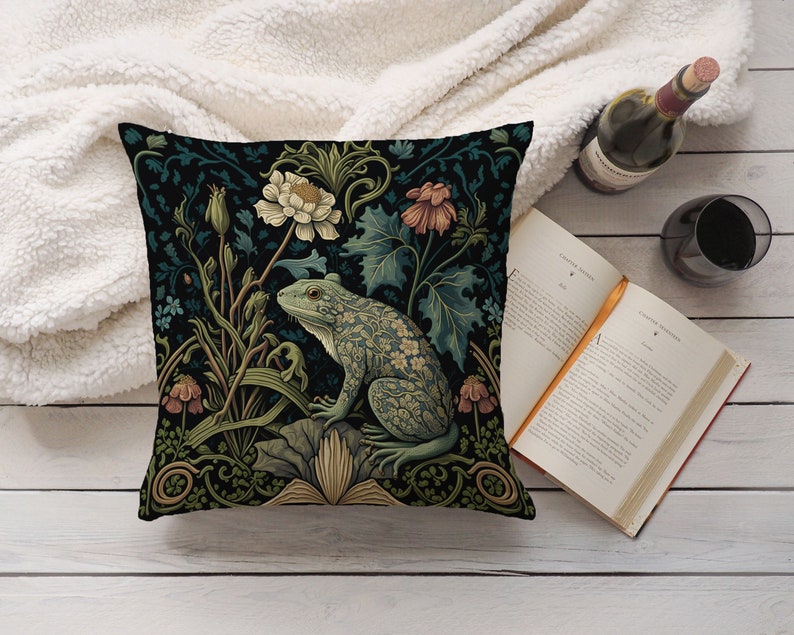 Frog in a Forest Pillow William Morris-Inspired Cottagecore Design Animal Lover Gift 14x14, 16x16, 18x18, 20x20, Pillow Case Only image 6