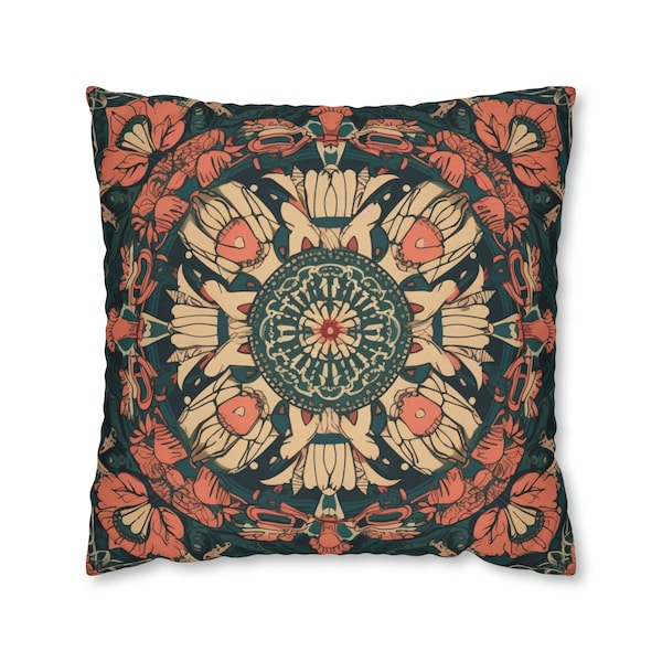 William Morris Mandala Cushion | Deep Teal & Rich Coral | Geometric Floral Design | Boho Decor | Insert not included