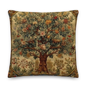 Almohada con diseño de árbol de la vida, color beige. Almohada decorativa, almohada con tapiz francés belga, estilo cottagecore, inspirada en William Morris. INSERTO INCLUIDO