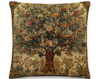 Tree of Life Pillow, Beige - Decorative Pillow, Belgian French Tapestry Pillow, Cottagecore, Inspired by William Morris, INSERT INCLUDED
