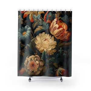 Shower Curtain with Vintage Millefleurs Tapestry Belgian Jacquard Woven Style Floral and Multicolored Flowers on Black Background