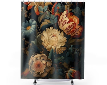 Duschvorhang mit Vintage Millefleurs Tapisserie Belgischer Jacquard gewebter Stil Blumen und mehrfarbige Blumen auf schwarzem Hintergrund