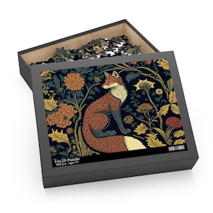 William Morris Inspired Fox in a Forest Jigsaw Puzzle (120, 252, 500-Piece) Cottagecore, Forestcore, Fox in a Forest Botanical Puzzle Game