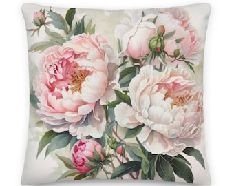 Designer Floral Pillow | Vivid Pink and White Watercolor Peonies | Nursery, Bedroom, Living Room Pillow | Insert Included