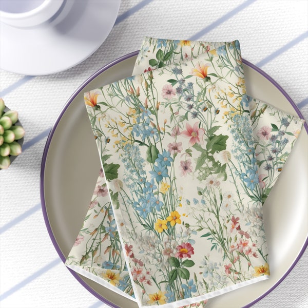 Whimsical Wildflowers Napkins Set - Vibrant Floral Farmhouse Decor for Summer, White Blue and Pink - Gift for Her, 19" x 19"