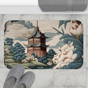 Pagoda Bath Mat | Microfiber Memory Foam | Blue and White Pagoda Chinoiserie Toile Bath Mat | Asian Decor | Bathroom • Laundry • Bedroom Rug