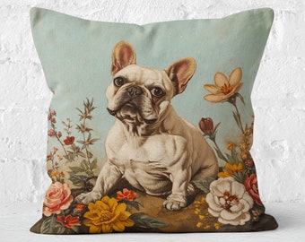 Bouquet French Bulldog Pillow, Frenchie Floral Elegance, Bulldog Lover Gift, #SHP1816, Insert Included