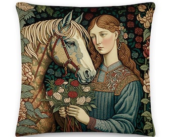 William Morris Girl and Horse Floral Garden Pillow - Fairytale Pillow, Decorative Pillow, William Morris Pillow, with Insert