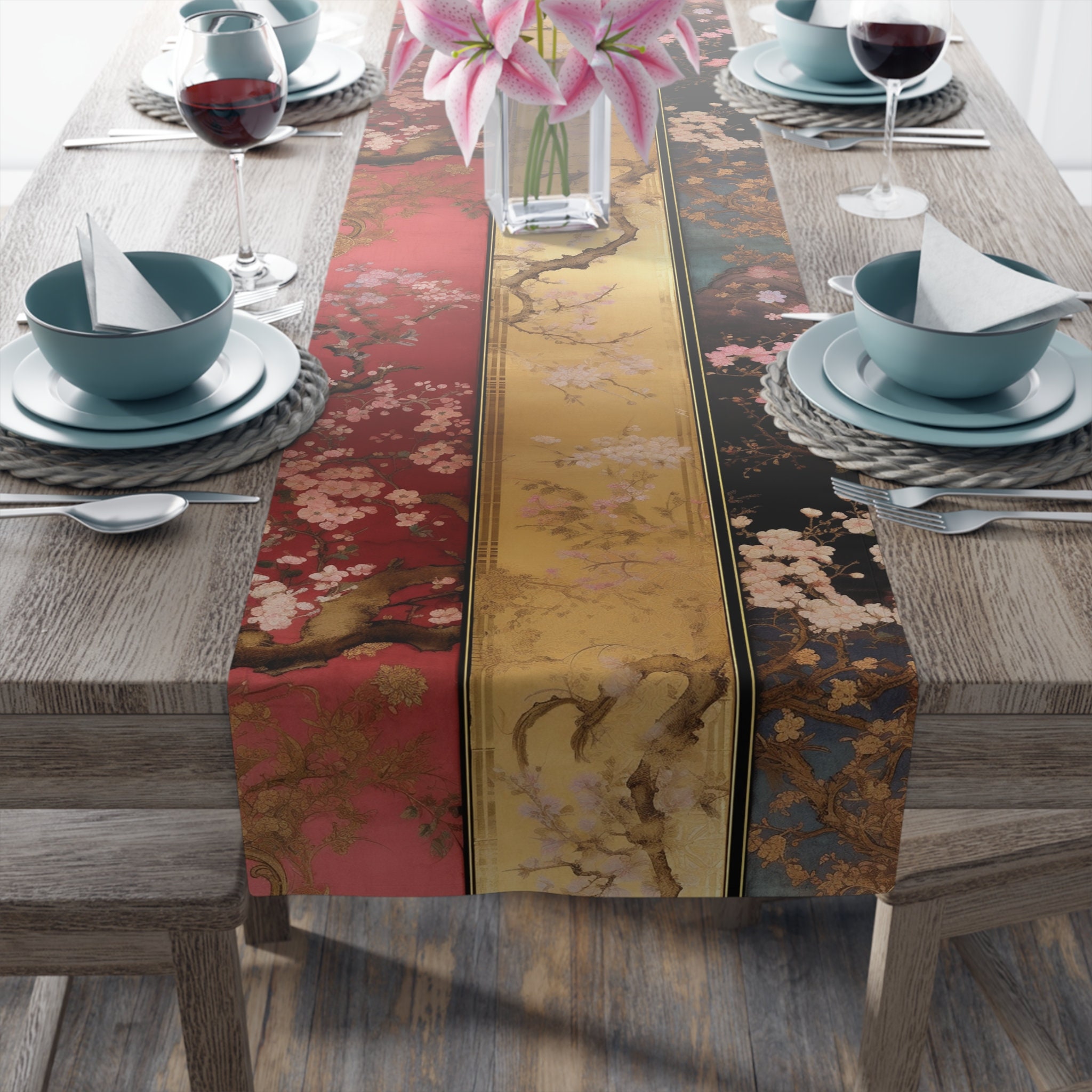 Stunning Designer Asian Table Runner, Crimson Red, Gold