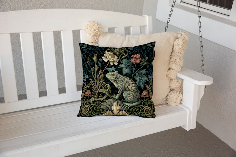 Frog in a Forest Pillow William Morris-Inspired Cottagecore Design Animal Lover Gift 14x14, 16x16, 18x18, 20x20, Pillow Case Only image 3